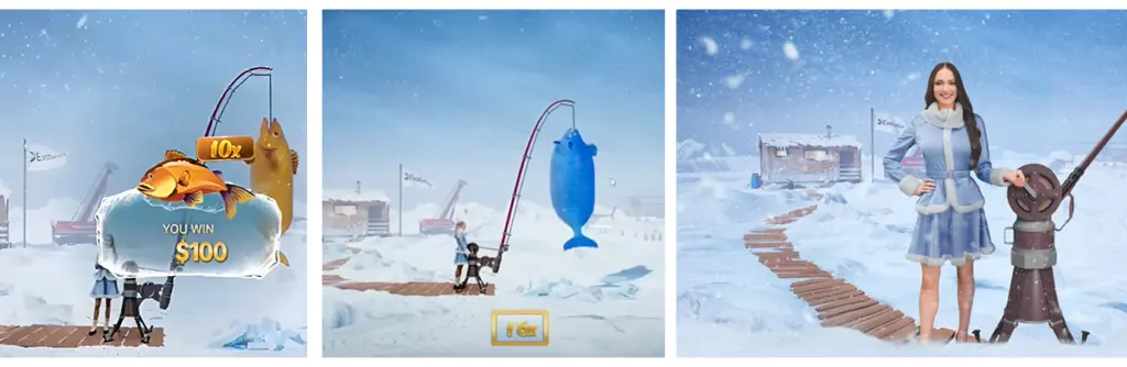 Interface do modo demo do Ice Fishing — roda de 53 segmentos com as cinco apostas posicionadas
